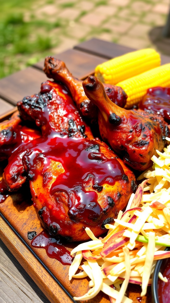 Grilled barbecue chicken served with coleslaw and corn on the cob on a wooden table.